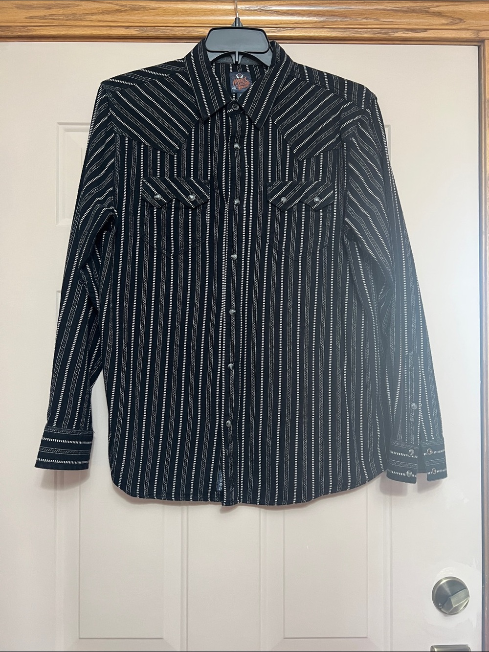 Moonshine Spirit men’s striped shirt.  Black/white.